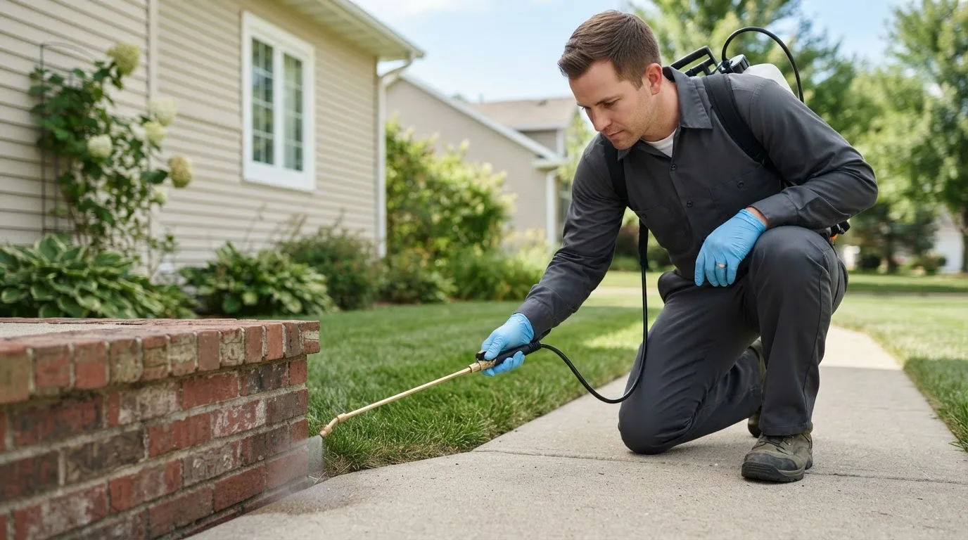 Pest control technician treating a home near Balta, ND